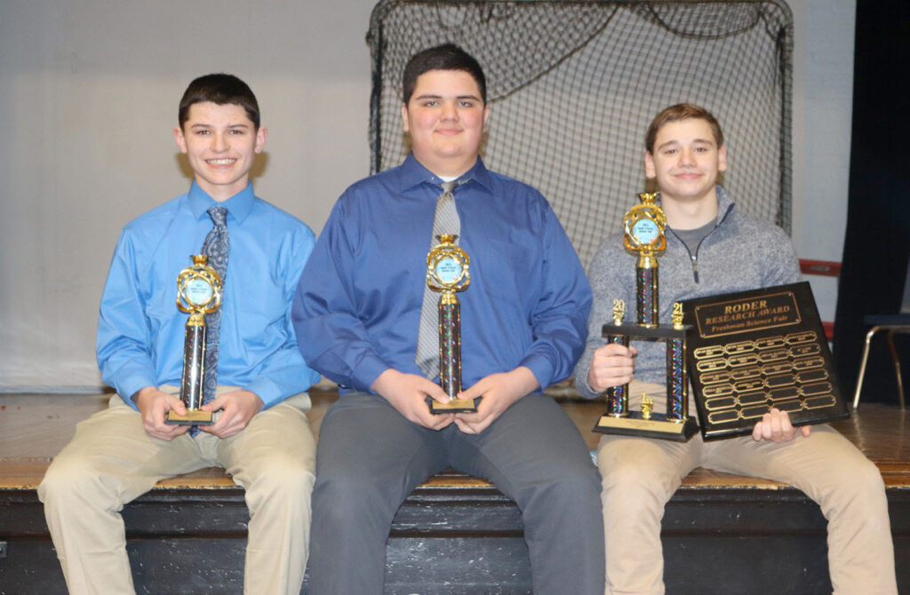 Science Fair Top 3: 3rd-Ben Woodall, 2nd-Mitchell Enger, and 1st-Cole Tjossem
