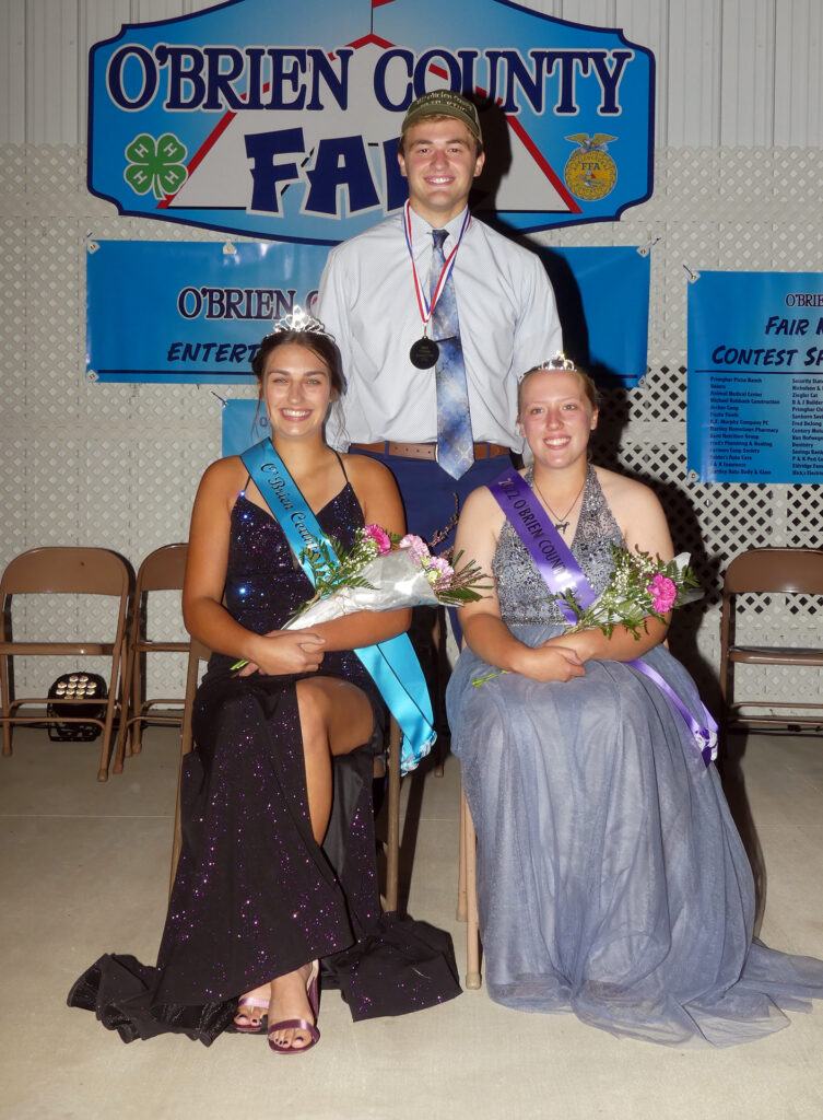 The 2022 O’Brien County Fair Royalty were crowned Monday night at the Coronation Ceremony. They are, from left, Queen Grace Fuhrman, King Dain Moermond and Princess Makenzie Meyer.